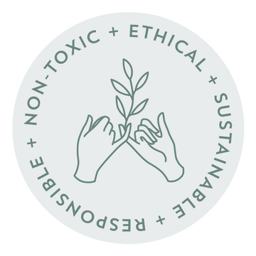 Circular logo with hands holding a plant and text 'Non-Toxic', 'Ethical', 'Sustainable', 'Responsible' on a white background.
