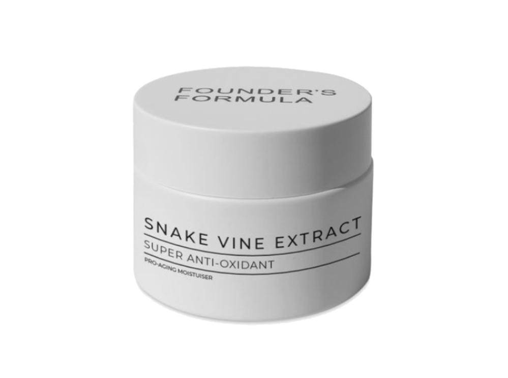 White jar of 'Founder's Formula Snake Vine Extract' pro-aging moisturiser on a white background